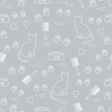 Nice pattern of silhouette sitting cat, traces, hearts, bowl and comb need fo Stock Illustration