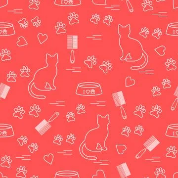 Nice pattern of silhouette sitting cat, traces, hearts, bowl and comb need fo Stock Illustration