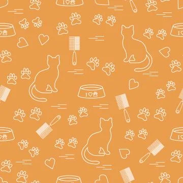 Nice pattern of silhouette sitting cat, traces, hearts, bowl and comb need fo Stock Illustration