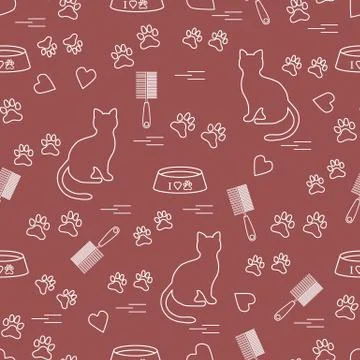 Nice pattern of silhouette sitting cat, traces, hearts, bowl and comb need fo Stock Illustration