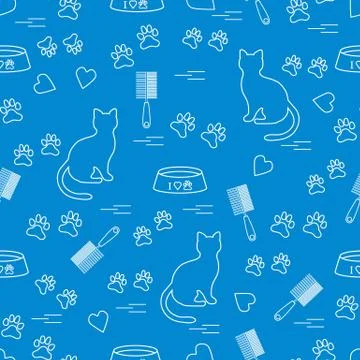 Nice pattern of silhouette sitting cat, traces, hearts, bowl and comb need fo Illustrazione stock
