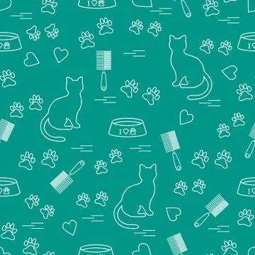 Nice pattern of silhouette sitting cat, traces, hearts, bowl and comb need fo Illustrazione stock