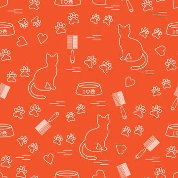 Nice pattern of silhouette sitting cat, traces, hearts, bowl and comb need fo Illustrazione stock