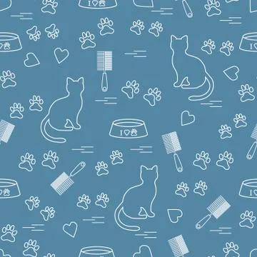 Nice pattern of silhouette sitting cat, traces, hearts, bowl and comb need fo Illustrazione stock