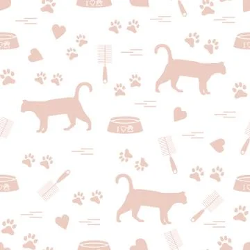 Nice pattern of silhouette walking cat, traces, hearts, bowl and comb need fo Stock Illustration