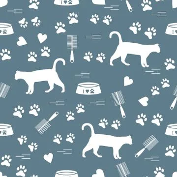 Nice pattern of silhouette walking cat, traces, hearts, bowl and comb need fo Stock Illustration