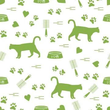 Nice pattern of silhouette walking cat, traces, hearts, bowl and comb need fo Stock Illustration