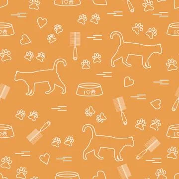 Nice pattern of silhouette walking cat, traces, hearts, bowl and comb need fo Stock Illustration