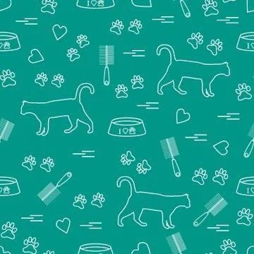 Nice pattern of silhouette walking cat, traces, hearts, bowl and comb need fo Stock Illustration