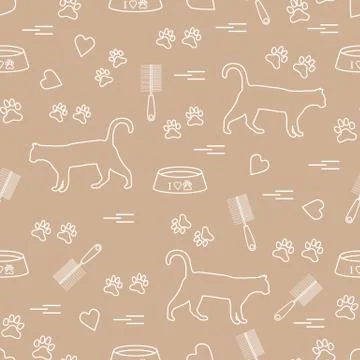 Nice pattern of silhouette walking cat, traces, hearts, bowl and comb need fo Stock Illustration