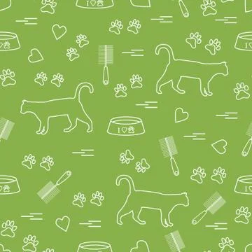 Nice pattern of silhouette walking cat, traces, hearts, bowl and comb need fo Stock Illustration