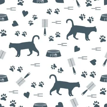Nice pattern of silhouette walking cat, traces, hearts, bowl and comb need fo Stock Illustration