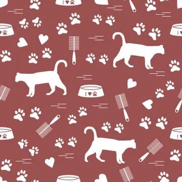 Nice pattern of silhouette walking cat, traces, hearts, bowl and comb need fo Stock Illustration