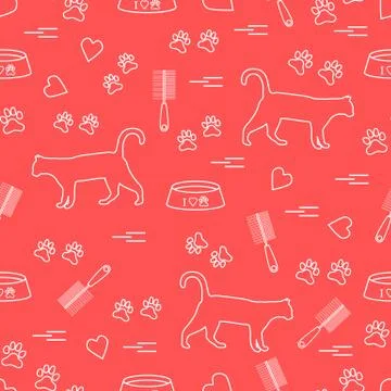 Nice pattern of silhouette walking cat, traces, hearts, bowl and comb need fo Stock Illustration