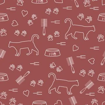 Nice pattern of silhouette walking cat, traces, hearts, bowl and comb need fo Stock Illustration