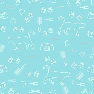 Nice pattern of silhouette walking cat, traces, hearts, bowl and comb need fo Stock Illustration