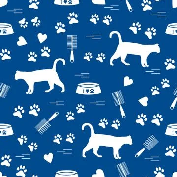 Nice pattern of silhouette walking cat, traces, hearts, bowl and comb need fo Stock Illustration