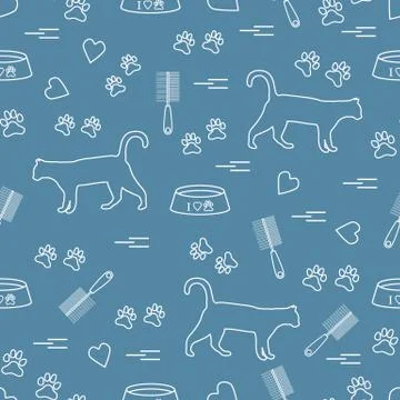 Nice pattern of silhouette walking cat, traces, hearts, bowl and comb need fo Stock Illustration