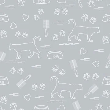 Nice pattern of silhouette walking cat, traces, hearts, bowl and comb need fo Stock Illustration