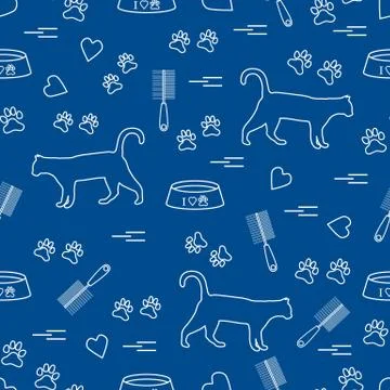 Nice pattern of silhouette walking cat, traces, hearts, bowl and comb need fo Stock Illustration
