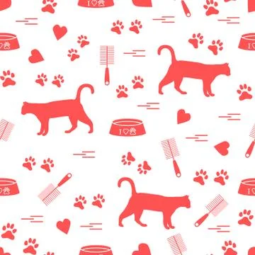 Nice pattern of silhouette walking cat, traces, hearts, bowl and comb need fo Stock Illustration