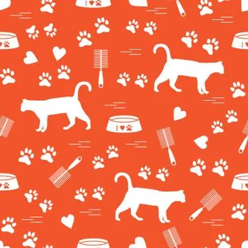 Nice pattern of silhouette walking cat, traces, hearts, bowl and comb need fo Stock Illustration
