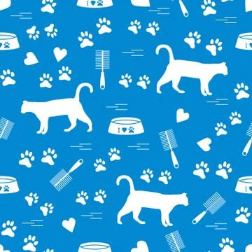 Nice pattern of silhouette walking cat, traces, hearts, bowl and comb need fo Stock Illustration