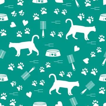 Nice pattern of silhouette walking cat, traces, hearts, bowl and comb need fo Stock Illustration