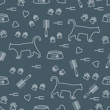 Nice pattern of silhouette walking cat, traces, hearts, bowl and comb need fo Stock Illustration