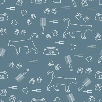 Nice pattern of silhouette walking cat, traces, hearts, bowl and comb need fo Stock Illustration