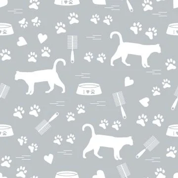 Nice pattern of silhouette walking cat, traces, hearts, bowl and comb need fo Stock Illustration