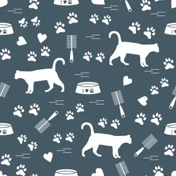 Nice pattern of silhouette walking cat, traces, hearts, bowl and comb need fo Stock Illustration