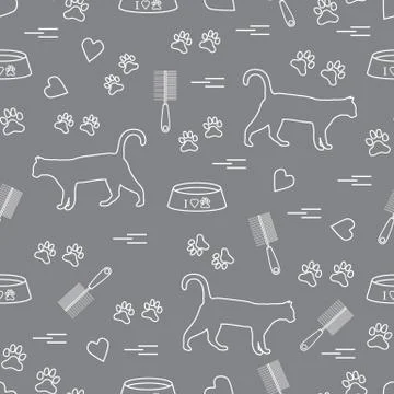 Nice pattern of silhouette walking cat, traces, hearts, bowl and comb need fo Stock Illustration