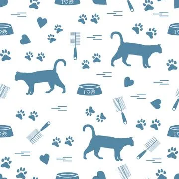 Nice pattern of silhouette walking cat, traces, hearts, bowl and comb need fo Stock Illustration