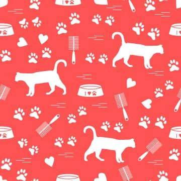 Nice pattern of silhouette walking cat, traces, hearts, bowl and comb need fo Stock Illustration