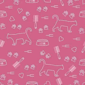 Nice pattern of silhouette walking cat, traces, hearts, bowl and comb need fo Stock Illustration
