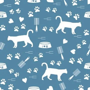Nice pattern of silhouette walking cat, traces, hearts, bowl and comb need fo Stock Illustration