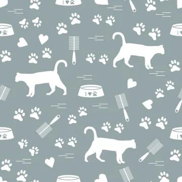 Nice pattern of silhouette walking cat, traces, hearts, bowl and comb need fo Stock Illustration