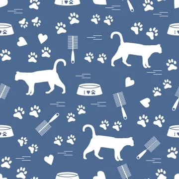 Nice pattern of silhouette walking cat, traces, hearts, bowl and comb need fo Stock Illustration