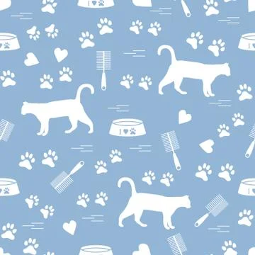 Nice pattern of silhouette walking cat, traces, hearts, bowl and comb need fo Stock Illustration