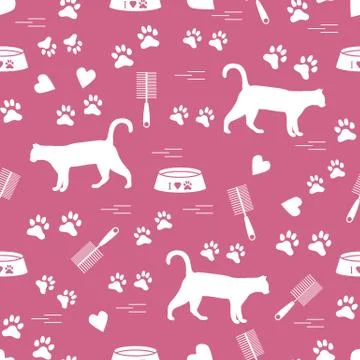 Nice pattern of silhouette walking cat, traces, hearts, bowl and comb need fo Stock Illustration