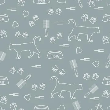 Nice pattern of silhouette walking cat, traces, hearts, bowl and comb need fo Stock Illustration