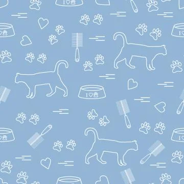 Nice pattern of silhouette walking cat, traces, hearts, bowl and comb need fo Stock Illustration