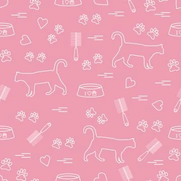 Nice pattern of silhouette walking cat, traces, hearts, bowl and comb need fo Illustrazione stock