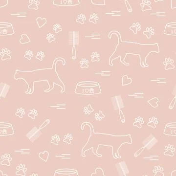 Nice pattern of silhouette walking cat, traces, hearts, bowl and comb need fo Illustrazione stock