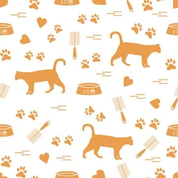 Nice pattern of silhouette walking cat, traces, hearts, bowl and comb need fo Stock Illustration