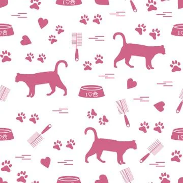 Nice pattern of silhouette walking cat, traces, hearts, bowl and comb need fo Stock Illustration