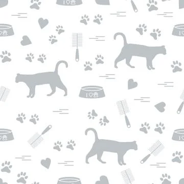 Nice pattern of silhouette walking cat, traces, hearts, bowl and comb need fo Illustrazione stock