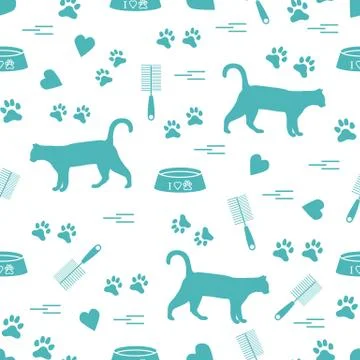 Nice pattern of silhouette walking cat, traces, hearts, bowl and comb need fo Illustrazione stock