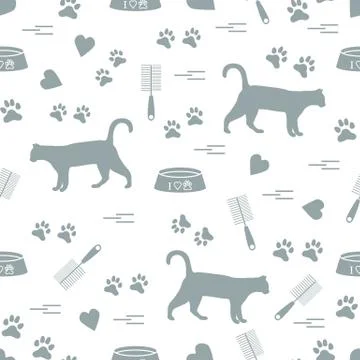 Nice pattern of silhouette walking cat, traces, hearts, bowl and comb need fo Illustrazione stock